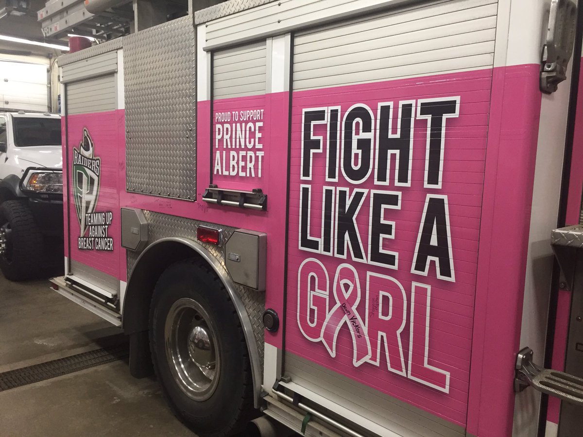 PAFirefighters's tweet photo. @PAFirefighters and @PAFireDept wrapped one of our engines in support of Breast Cancer Month. Make a $10 donation and sign the truck. Money goes to Breast Cancer Research. @PARaidersHockey @PADailyHerald @princealbertnow @cancersociety https://t.co/bZ4HZS7mV0
