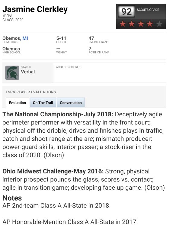 Ira_Childress25's tweet photo. Congratulations to 2020 Okemos forward Jasmine Clerkley on being ranked as the #47 player in the nation by ESPN. Clerkley has averaged a double double during her career at OHS. https://t.co/EzT7V5R17k