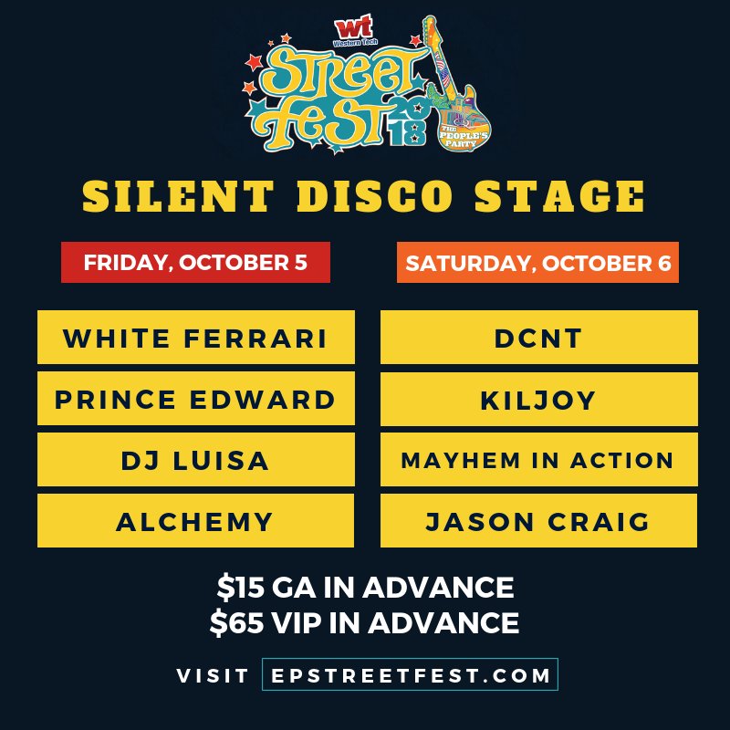 EPStreetfest's tweet photo. Your #silentdisco DJs are ready to go this weekend thanks to Fallen Tree Productions! Full lineup here + DJ Terry Madrid on the Firestone DJ Stage inside the O'Reilly's Car Show! Tix: https://t.co/vYNzcM7898 https://t.co/G4BtIdzgN1