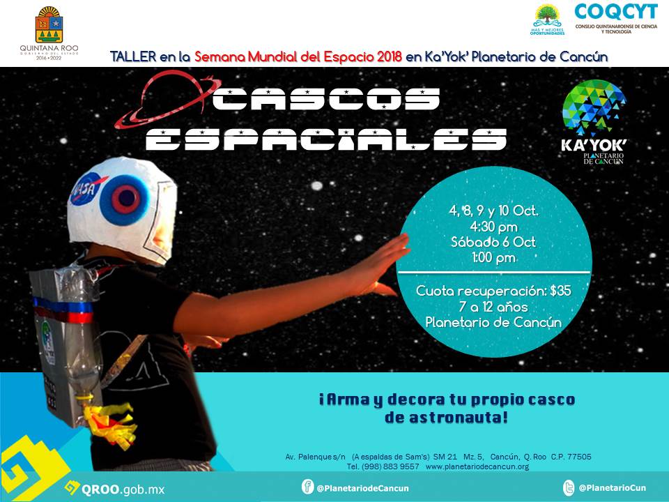 PlanetarioCun's tweet photo. Compartimos las actividades de la #SemanaMundialdeEspacio en @PlanetarioCun #Kayok 2018, del 4 al 10 de octubre. @Agenda_Libre @VivoEnCancun @Lizzysa @SerMamaenCancun @EscuelasCancun @Love_Cancun @Cultura_Cancun https://t.co/ndRTpnZxVy