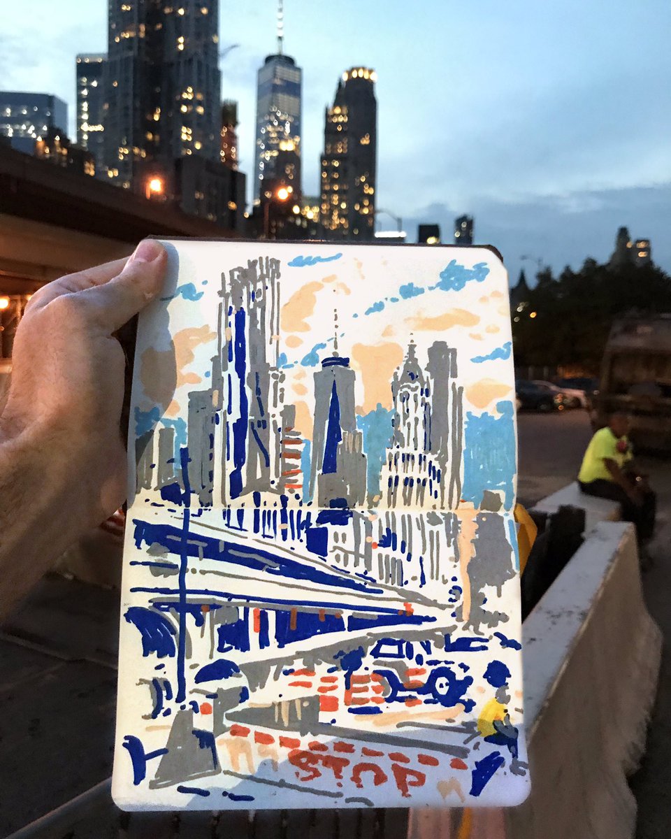 Stop. 
Look up. 
The sun is setting.
The moon is rising. 
.
.
.
#DrawNYC #urbansketchers #fidi #woolworthbuilding #onewtc #gehry #twobridges #brooklynbridge