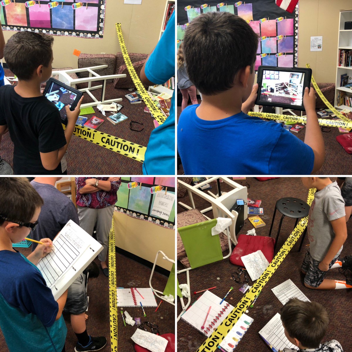 erin_enslow's tweet photo. There was a crime in room 23! Students used inference to sort out what happened. Tomorrow we work on our reports and I’m very excited to see what they come up with. I love how much these kids love learning! #Santeesd @SSDKristin https://t.co/eC6uzLxYdZ