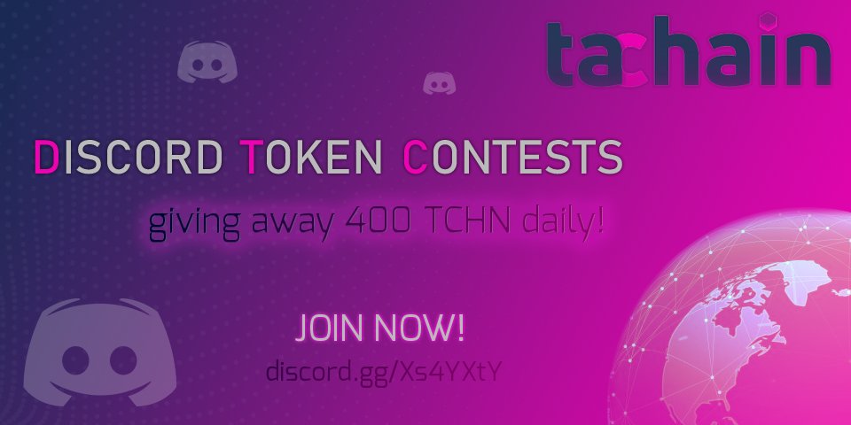 tachainio's tweet photo. Join our #discord to qualify for our token #contests! 
We are giving away a total of 400 #TCHN per day. All you need to do is participate in discussions all about #Tachain on our Discord. Additionally, we pick a weekly winner that has been contributing the most. Enjoy your stay! https://t.co/iXy6UvfNxf