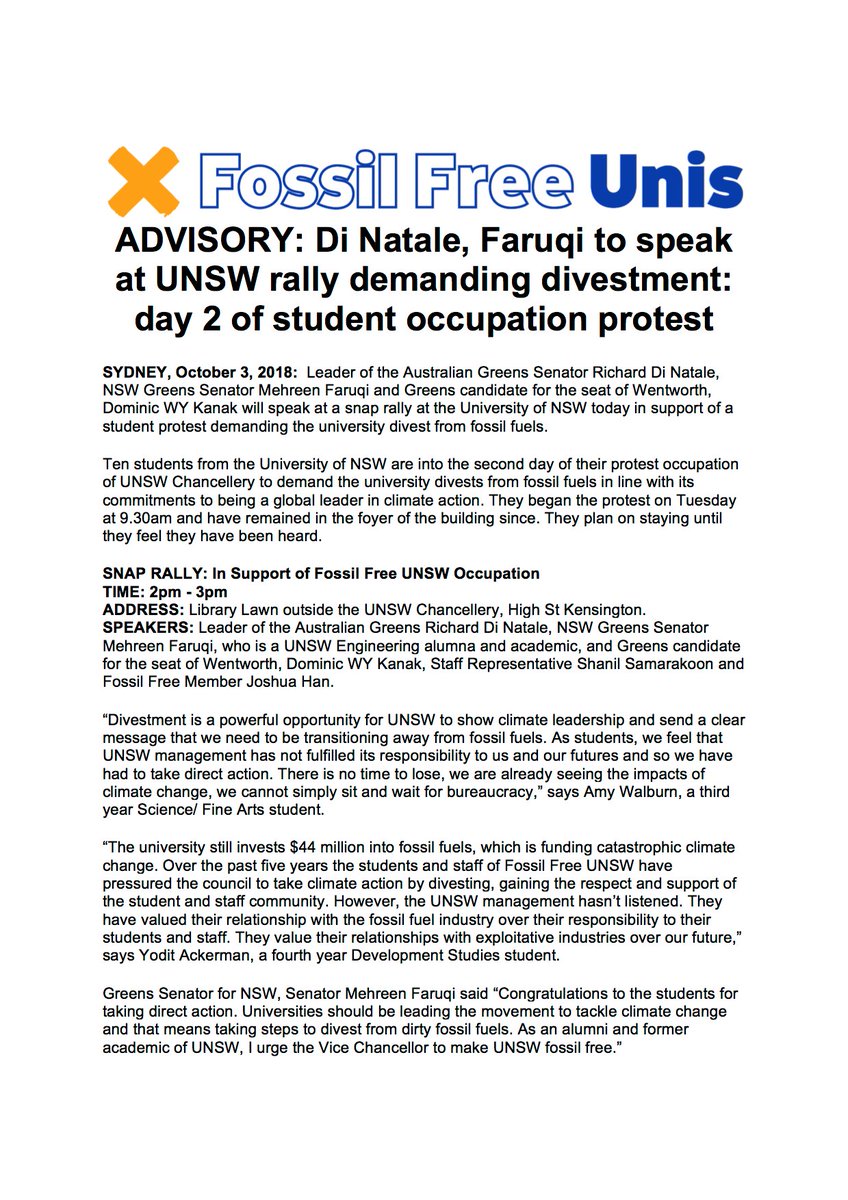 UNSWEnviro's tweet photo. @pallavisinghal_ Hey Pallavi! Just wondering if you'd heard about our occupation of the UNSW chancellery that's happening at the moment, and whether you'd be interested in getting in touch about it? https://t.co/7kBciW7DLx
