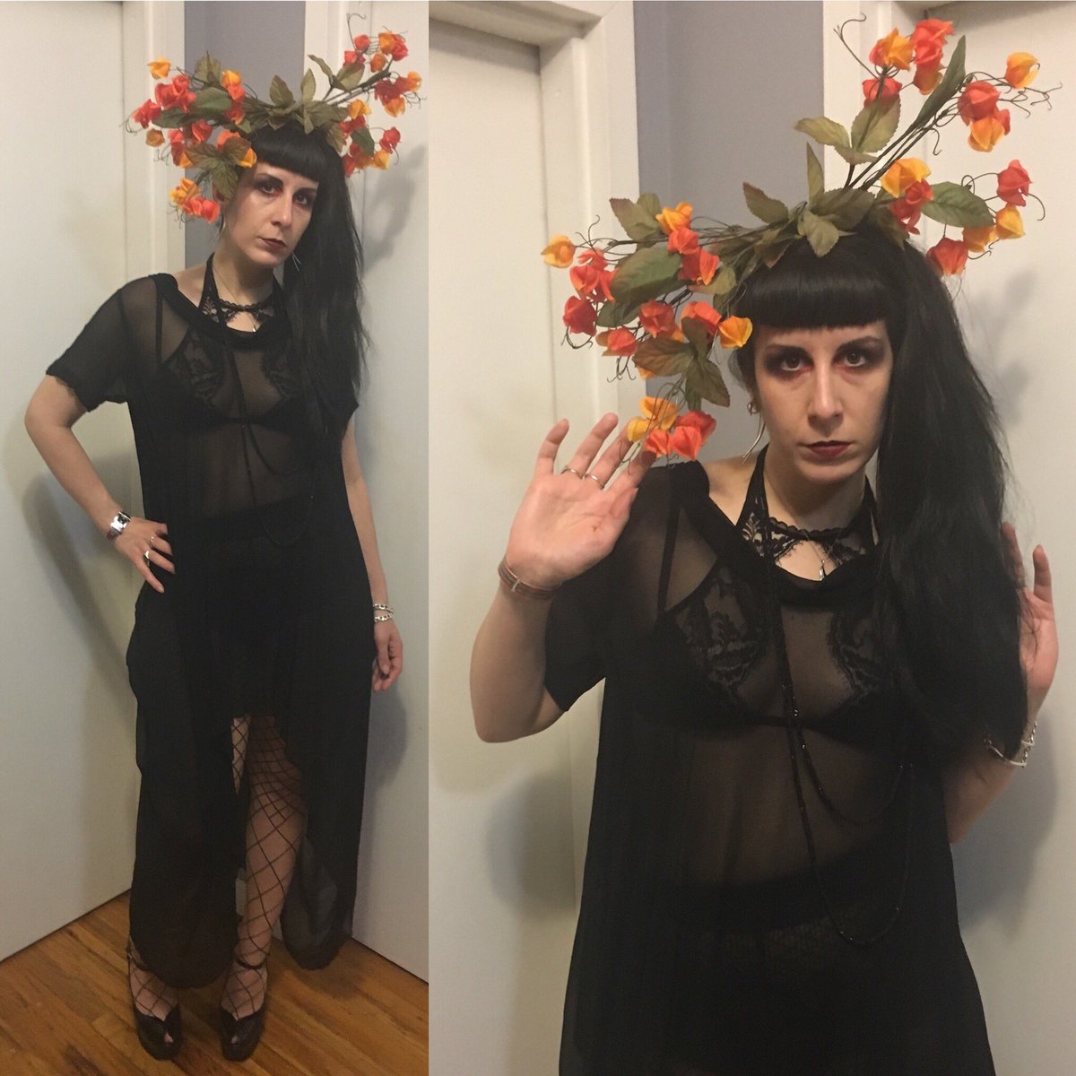 ReneeMasoomian's tweet photo. Was planning on going out but once I finished dressing it started to downpour, we will see if it lightens up. Sill wanted to show off tonight’s look. #reneemasoomian headpiece, #agentprovocateur underthings, #wolfordtights, #complexgeometries dress, and #yvessaintlaurent heels. https://t.co/ofjhTmdMjR