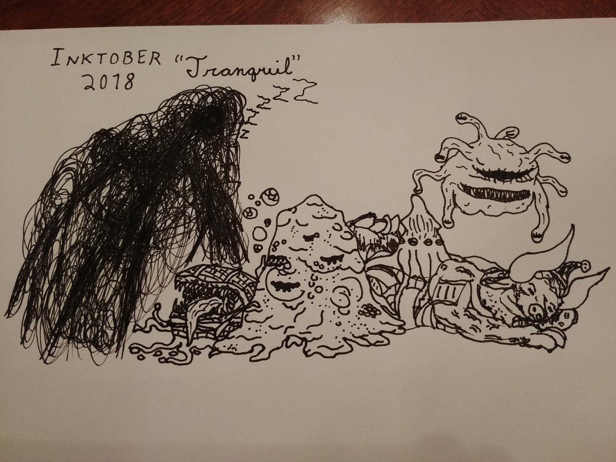 Is_This_The_IRL's tweet photo. Hey, a non-midnight #inktober ! I'm growing, or something. I drew cute sleepy #DnD monsters because there really isn't enough cute sleepy D&amp;D monster art out there. https://t.co/f06mrVwLqI