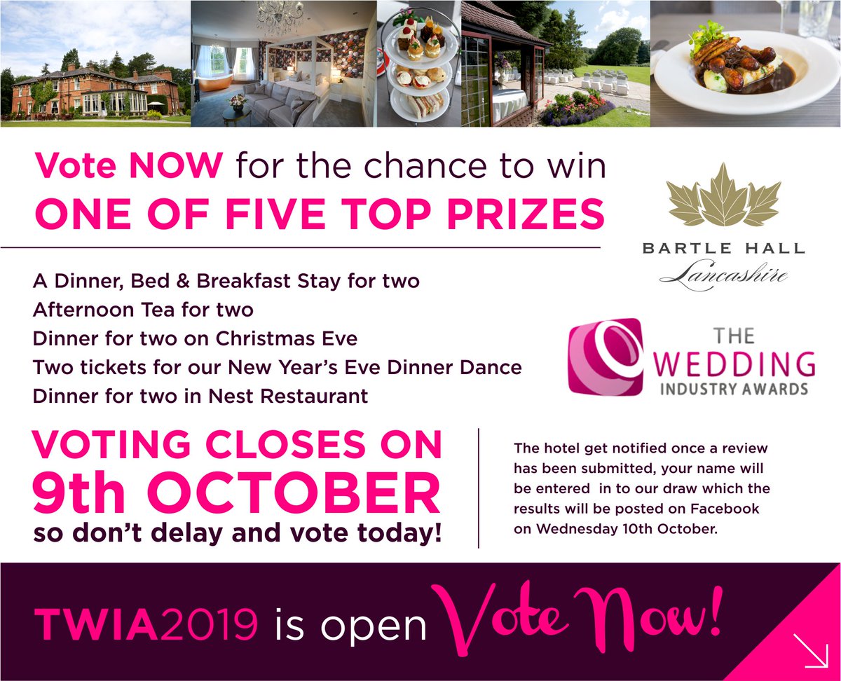 Competition Time with 5 Prizes to be Won! Did you get married at Bartle Hall in the last year? If your Wedding was between 24.10.2017 and 09.10.2018 PLEASE vote for us on the link below and express how special your day was! 
the-wedding-industry-awards.co.uk…/bartle…/vote