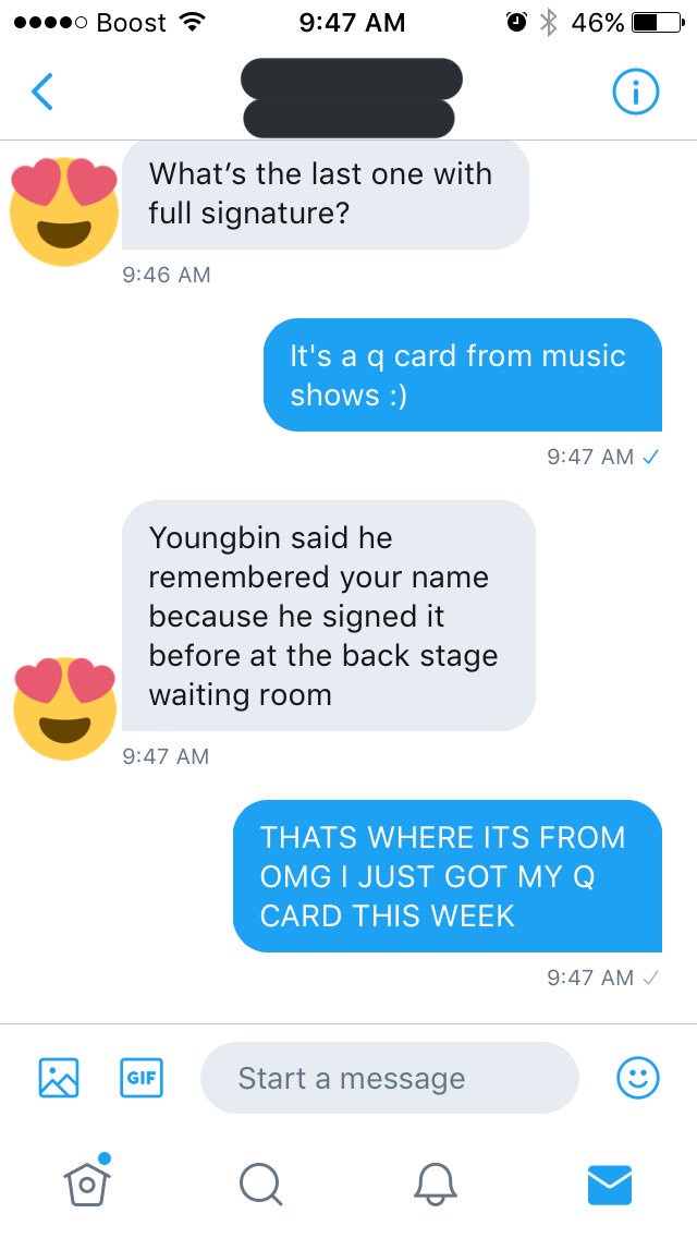 She told me that Youngbin remembered signing my name on my q card! THAT CONFIRMED FOR ME THAT YES, HE DID WRITE MY NAME PN MY Q CARD UWU! And he remembered my name  I covered my sellers name and picture because idk if they want me showing their account? LOL