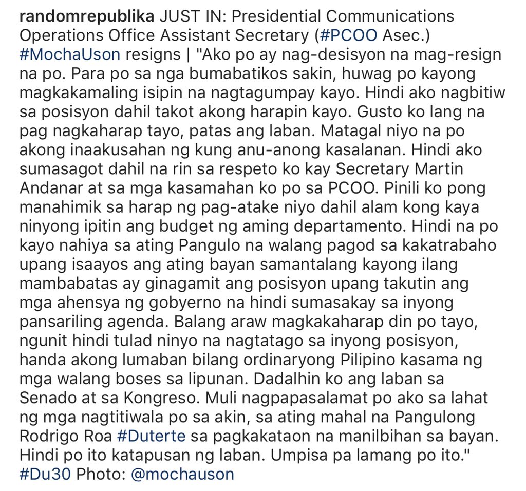 RandomRepublika's tweet image. TRANSCRIPT: Presidential Communications Operations Office Assistant Secretary (#PCOO Asec.) #MochaUson resigns
