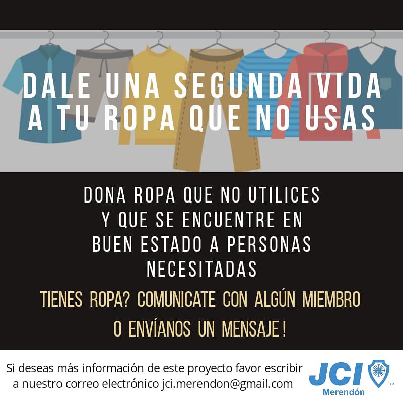 jcimerendon's tweet photo. Tienes ropa que no usas y que se encuentran en buen estado? 👕👗👖👚🧥
A partir de ahora tu ropa usada puede tener una segunda vida! ¡Dónala!
Todo el equipo de #JCIMERENDON estará recibiendo donaciones, escribenos a jci.merendon@gmail.com
#YoSoyelCambio
#ChangeBeginsWithMe https://t.co/H71qr93aW0
