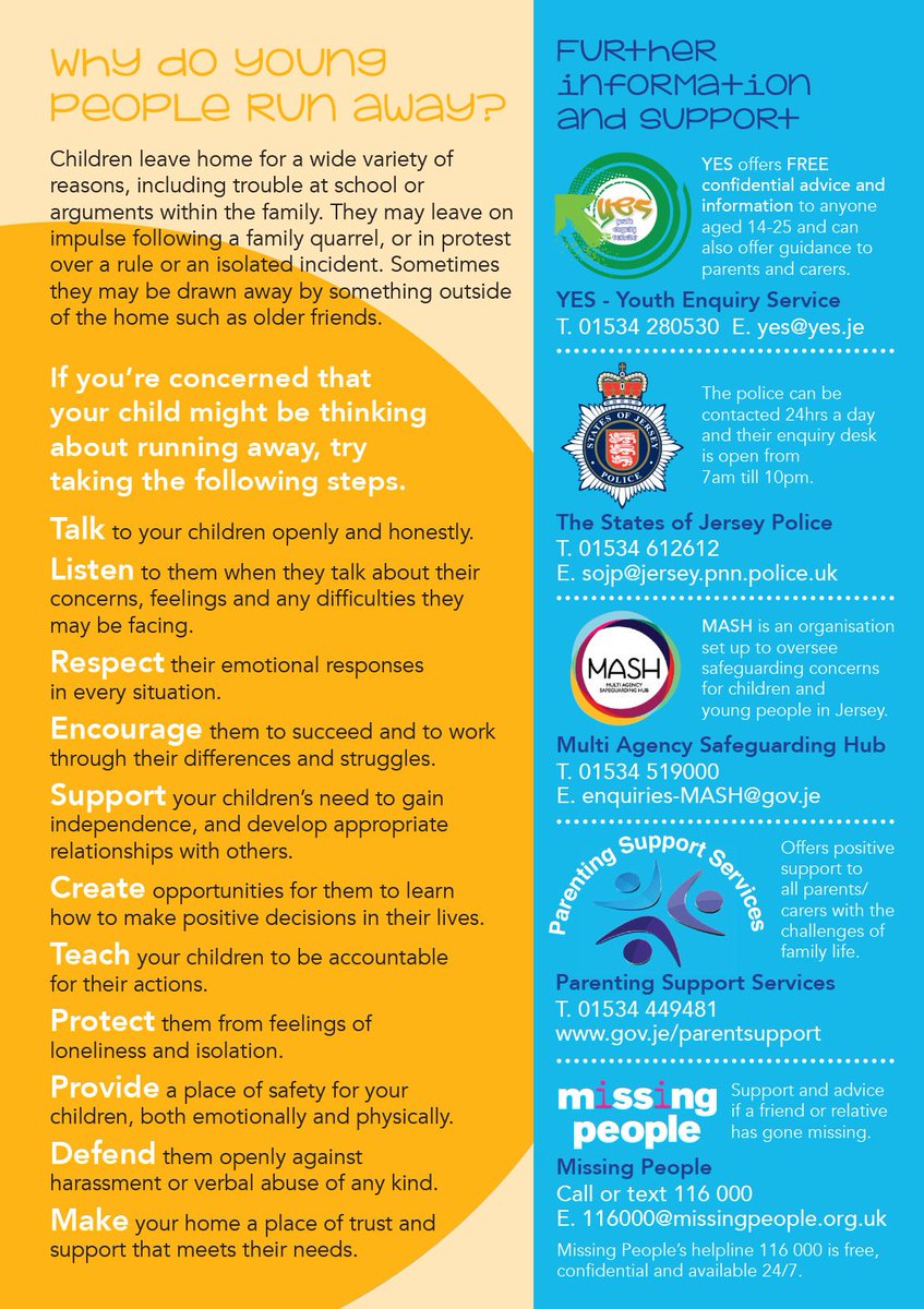 Parent info on what to do if your child goes missing. Working in partnership with our colleagues from @JerseyPolice Please share @StOuenHonPolice @StHelierHonPol @StPeterHonPol @Honorary_Police #missingyoungpeople