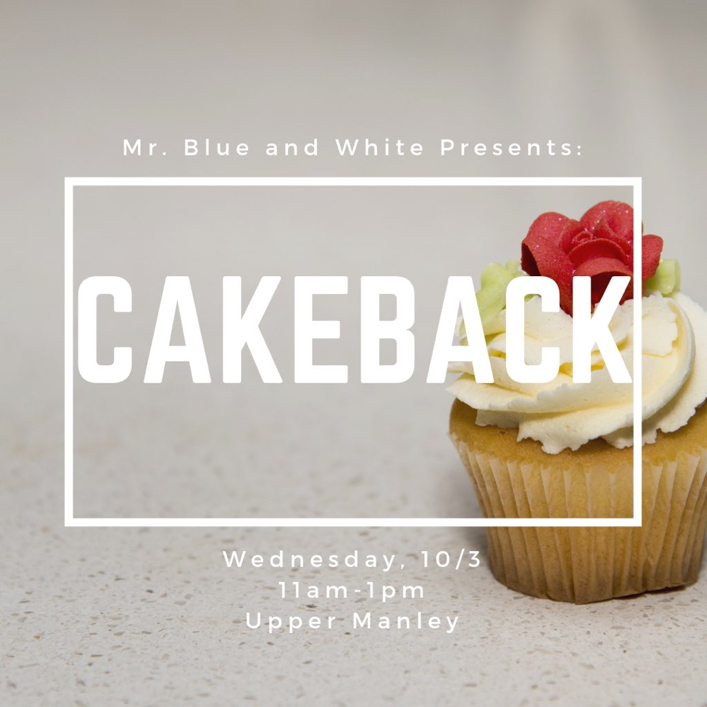 prxxncss's tweet photo. Please join Mr. Blue and White tomorrow, October 3rd, as he passes out Cupcakes and words of affirmation for Midterms from 11am to 1pm in Upper Manley ππ #CakeBack #MrBlueAndWhite @MissSpelman https://t.co/McmSaFjTn7