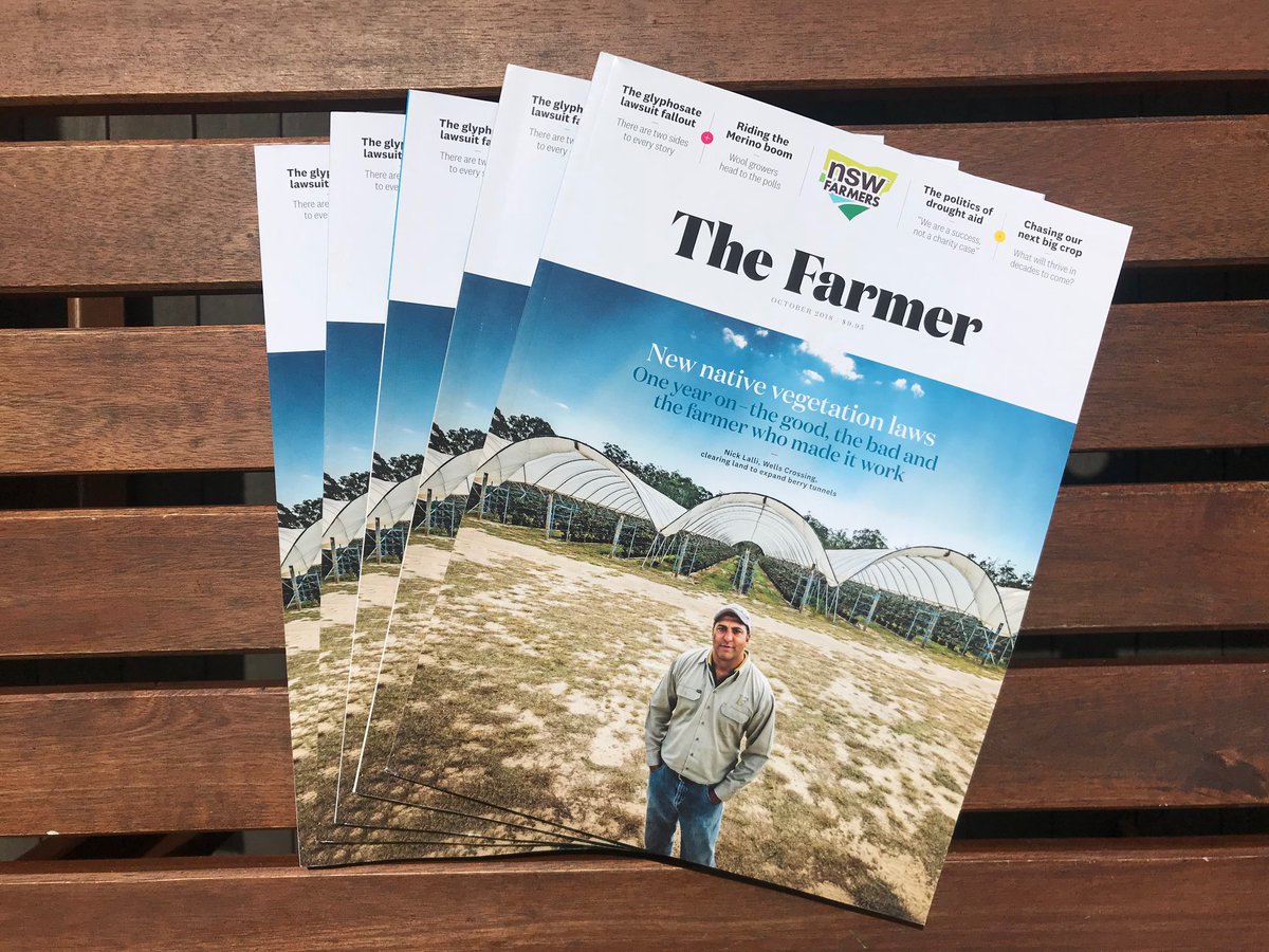 NSWFarmers's tweet photo. The October issue of 'The Farmer' magazine is here! This month we clear the air on one of the hottest debates: #nativevegetation > https://t.co/1bXLdHY1JP. Also find stories of resilience during #drought, the #WoolPoll levy debate and the business of #beekeeping. #NSWFarmers https://t.co/w8lnIt0MCH