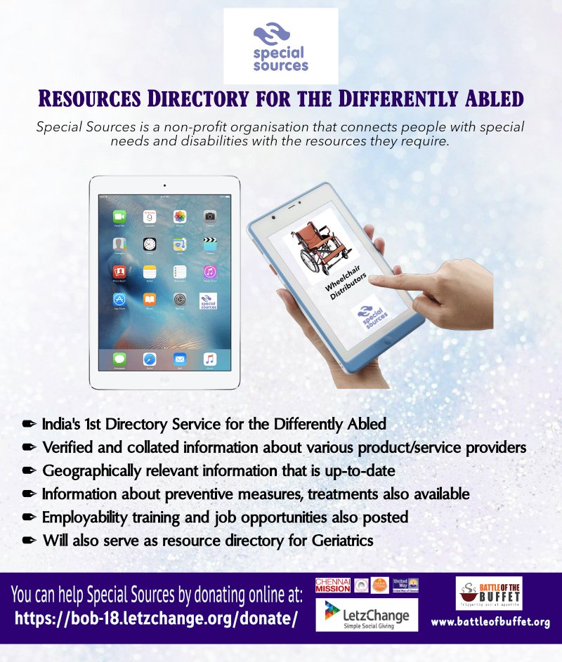 BattleotBuffet's tweet photo. Special Sources has created a unique online platform that aims to connect people with special needs to resources that would make their lives more manageable. 

To help, donate to them at https://t.co/gu9hH8clOC

#SpecialNeeds #Donate #CrowdFund #DaanUtsav #GandhiJayanthi https://t.co/FOCj8Bctsm