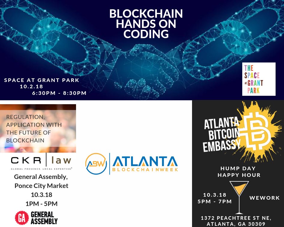It is Hump Day during #atlblockchainweek with 3 events that are 'Hands On' in coding, discussions by legal experts on regulation followed by a cocktail hour at <a href="/AtlBTCEmbassy/">Atlanta Bitcoin Embassy</a> <a href="/YourIdeasAre/">Your Ideas Are Terrible</a> @_GAAtlanta <a href="/ckr_law/">CKR Law</a> <a href="/hypepotamus/">Hypepotamus</a> atlblockchainweek.com