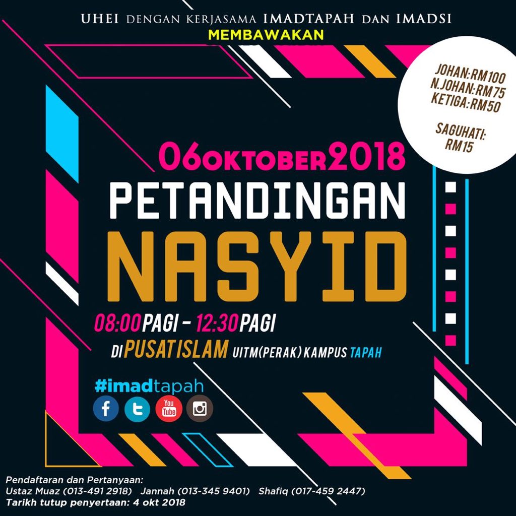 mppuitmtapah's tweet photo. [INFO] Pertandingan-pertandingan yang dianjurkan oleh   UHEI dengan kerjasama IMADTAPAH &amp; IMADSI. Jika berminat, boleh hubungi nombor-nombor telefon yg tertera dlm poster 😁 https://t.co/ddEkqu8tNL