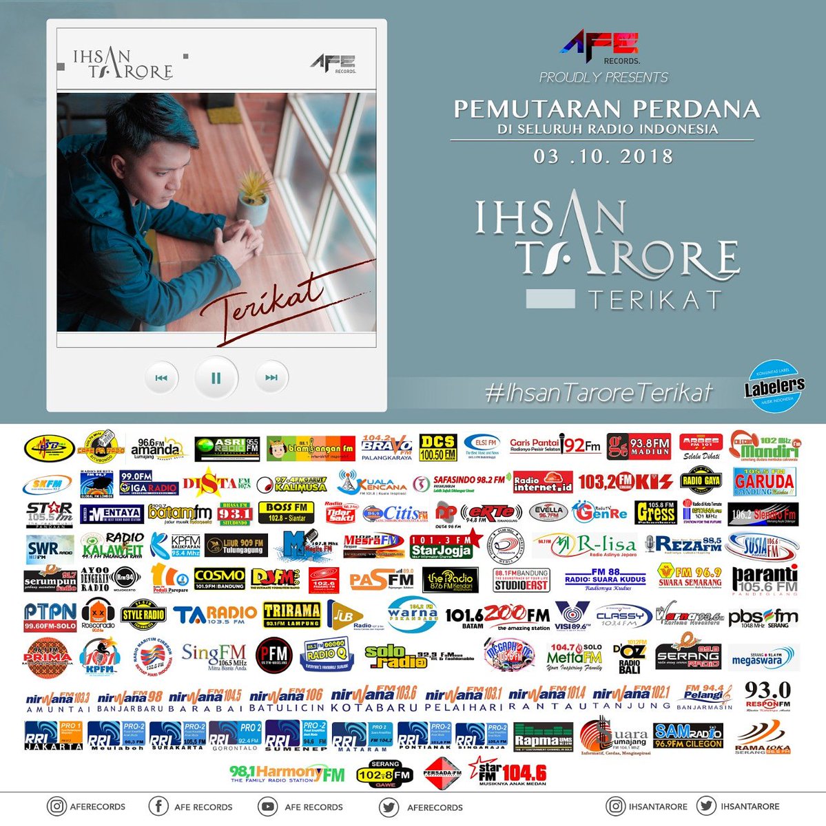 aferecords's tweet photo. Pemutaran Perdana @ihsantarore #terikat 
Label : Afe Records
Executive producer : Hendy ahmad
Arranger &amp; composed : @tengkushafick 
Recordings : @studioafe &amp; backbeat studio
Mixing : @anggianggoro 
Mastering : Roomworks
Music Publishing : Afe Karya Pustaka https://t.co/lM9487sPW8