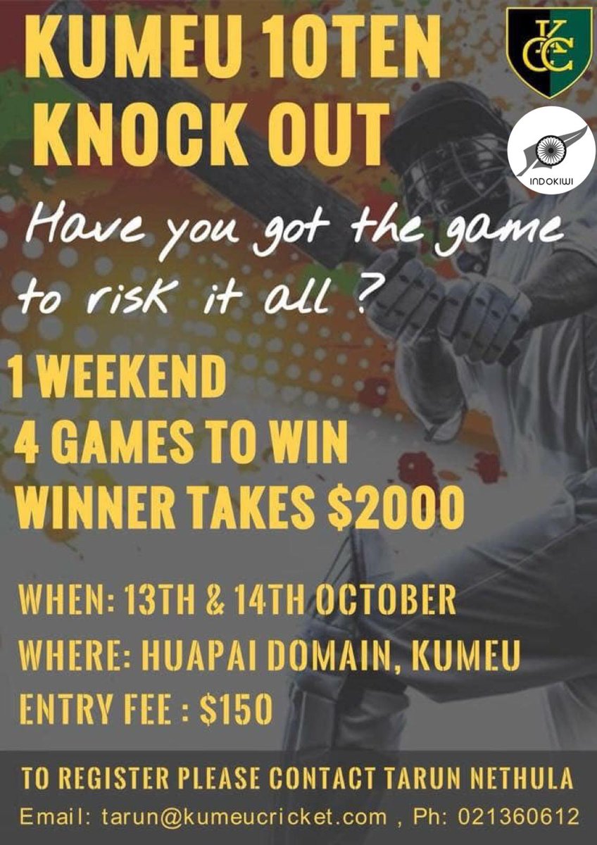 aucklandcricket's tweet photo. @ClubKumeu 10Ten #Knockout - 1 weekend, 4 games and winner takes home $2000! Contact @TbagNethula: tarun@kumeucricket.com or 021 360 612 #cricketiscoming #cricketnation https://t.co/FKQd0lOJP9