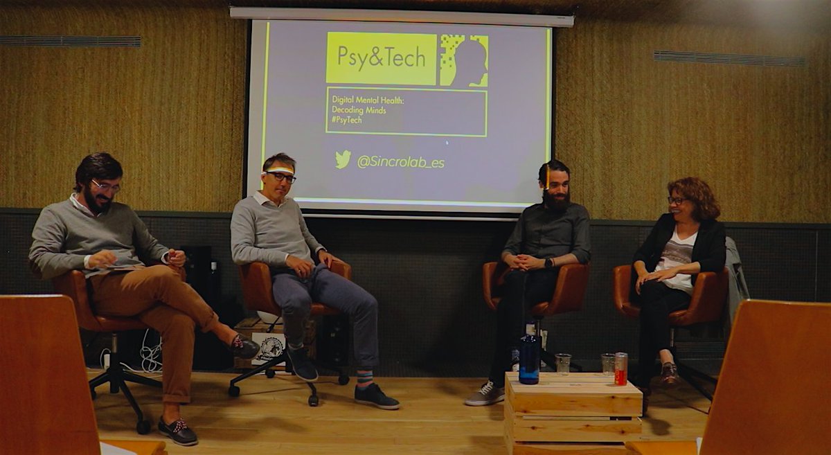 Sincrolab_es's tweet photo. Debatimos, aprendimos y nos reímos en el 2do #PsyTech. Un placer tener a la #investigadora vasca finalista al Premio #Mujer Innovadora y #CEO @Nesplora @gcliment, al experto en #InteligenciaArtificial @sergio_ese, @antonmiras CEO @elmacare_es y al CEO de Sincrolab @nachoderamon1 https://t.co/jBvzeNTtYK