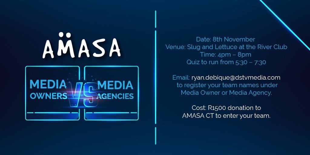 AMASACapeTown's tweet image. MEDIA OWNERS VS MEDIA AGENCIES – The Ultimate Battle of the Media Brains 
It's time to show off your skills at the AMASA Cape Town 2018 Pub Quiz hosted by Ryan O’Connor where Media Owners will go head-to-head with Media Agencies
20 team slots available (max 6 players per team)