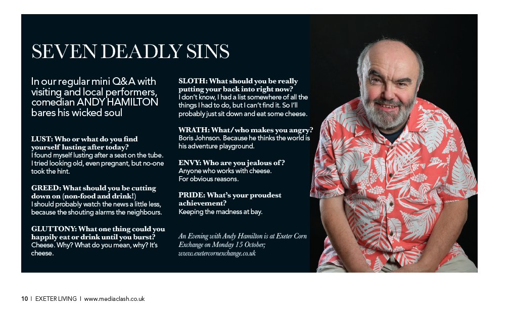 Exeter Living (@exeterliving) on Twitter photo We asked that funny fellow <a href="/AndyHam_OnTour/">Andy Hamilton On Tour</a> to share his sins ahead of his show at <a href="/execornexchange/">Exeter Corn Exchange</a> on 15 October - see the new issue, out now! #Exeter We asked that funny fellow <a href="/AndyHam_OnTour/">Andy Hamilton On Tour</a> to share his sins ahead of his show at <a href="/execornexchange/">Exeter Corn Exchange</a> on 15 October - see the new issue, out now! #Exeter