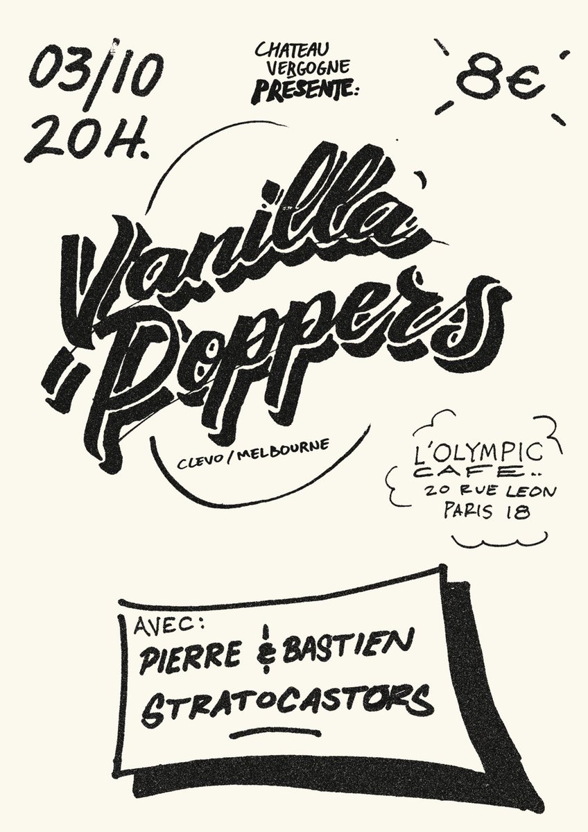 #cesoir  
Le groupe #punk de Cleveland #vanillapoppers sera accompagné par nos parisiens sûrs #Pierre&bastien et Stratocastors !