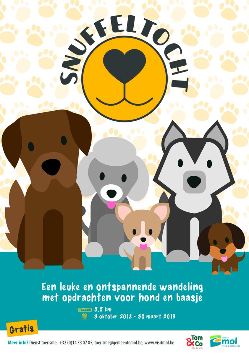 Zin om je hond eens te verwennen met een leuke wandeling vol hindernissen? Download het gratis formulier op visitmol.be/snuffeltocht en doe de snuffeltocht!

Breng je het formulier achteraf binnen? Dan maak je kans op een superprijs!