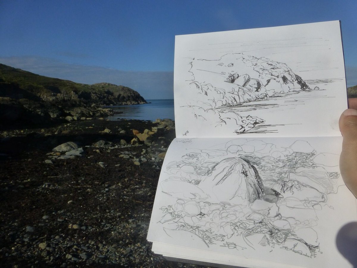 Sketching on the #pembrokeshirecoast path last week. This is Porthsychan Bay near #strumblehead