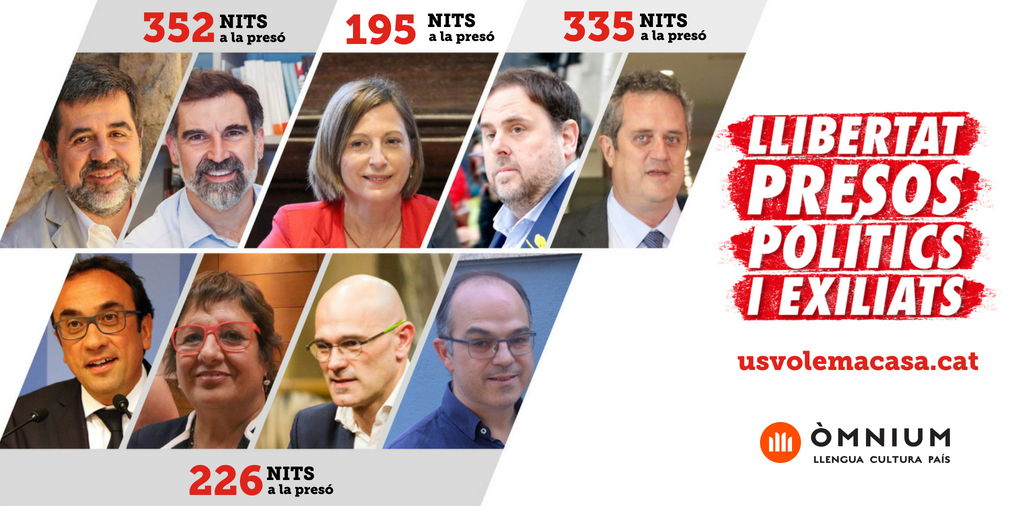 omnium's tweet photo. Dimecres, 3 d'octubre. La suma dels vostres dies privats de llibertat multiplica les nostres forces per a no defallir mai. Us volem a casa! https://t.co/UxNUGsmenD