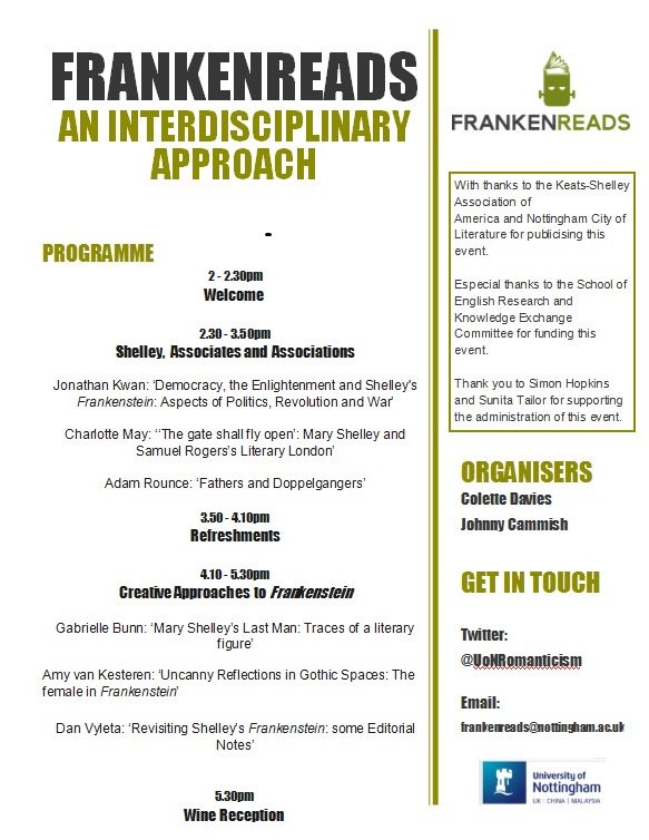 ColetteMDavies's tweet image. @JMCammish &amp;amp; I have organised a thing &amp;amp; I know I've been talking about it a lot on here recently (apologies!), but TODAY is the day @UoNRomanticism's '@frankenreads: An Interdisciplinary Approach' is  finally here! 🙌 2pm, Highfields House. @UoNEnglish @NottmCityOfLit @CLASUoN