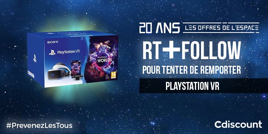 Cdiscount's tweet photo. 🎁 #Concours 

👌 À gagner pour les 20 Ans de Cdiscount : Pack PlayStation VR

👉 https://t.co/VR6OyeLuqY

🔸 Pour tenter votre chance : 
RT + Follow @Cdiscount

☑️ TAS 10/10

#PrevenezLesTous https://t.co/Q2XJxEmXgl