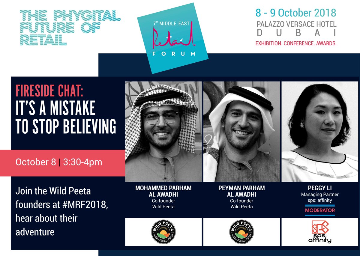 At #MRF2018 hear about the inspiring journey of a community-driven #homegrown business. Join us for the fireside chat with Mohammed &amp; Peyman Parham Al Awadhi, Co-founders, <a href="/wildpeeta/">Wild Peeta</a> that will be steered by Peggy Li 李沛琪. 
Register now: middleeastretailforum.com