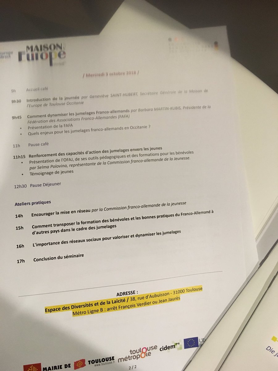 EuropeToulouse's tweet photo. Séminaire #Jumelages #francoallemands: aujourd’hui, on parle #échanges, #BonnesPratiques, #valorisation des jumelages, sans oublier la #partipation des #jeunes avec la @FAFApourlEurope et l’@ofaj_dfjw #QFAO2018 #Toulouse #Occitanie #EuropeDirect https://t.co/31dM8mjBuk