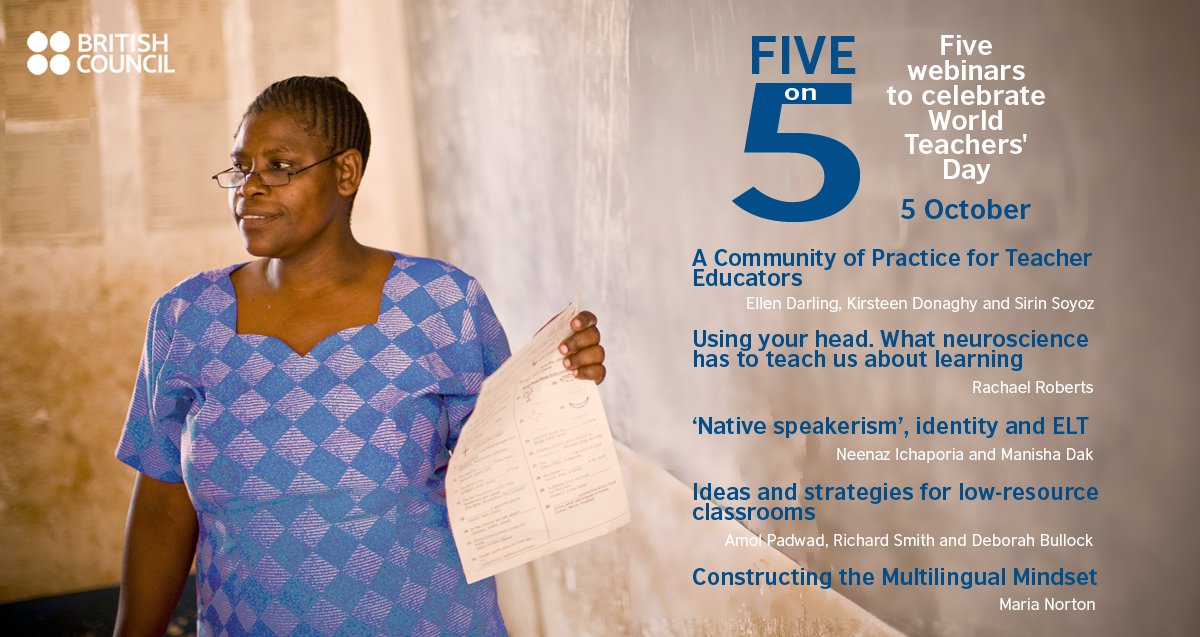 UgBritish's tweet photo. October 5 is World Teachers' Day and to celebrate, we are running a series of five free webinars during the day, each one focusing on a current topic or issue in teaching. Register now https://t.co/dGj3CopVsJ #WorldTeachersDay2018 #FiveOn5 https://t.co/uxLNUrXPbq