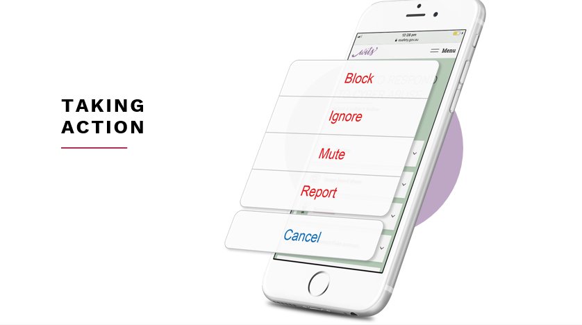 eSafetyOffice's tweet photo. Cyber abuse can take many forms. Take action! Four words: Block. Ignore. Report. Mute. You got this! #womenwithWITS https://t.co/Qy1qJg8PFf #womeninmedia #wimact #npc #auspol https://t.co/bPhFxPP1iH