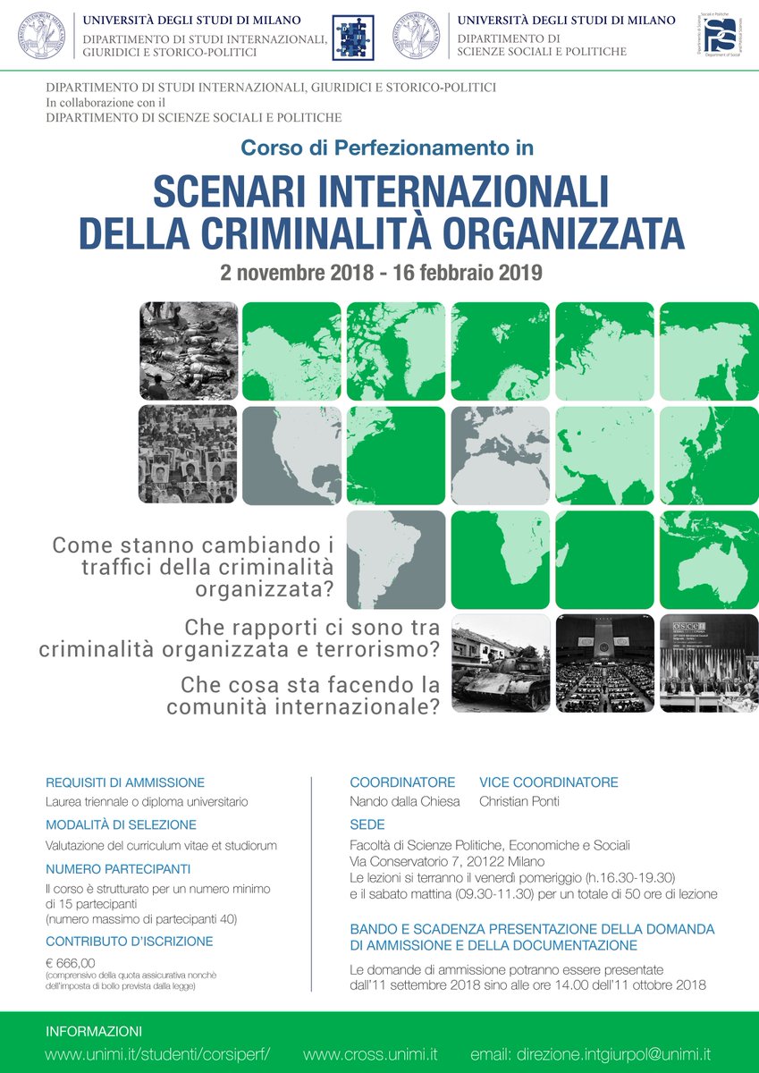 crossunimi's tweet photo. Mancano pochi giorni per iscriversi al Corso di Perfezionamento in Scenari internazionali della Criminalità Organizzata

Qui maggiori informazioni: https://t.co/fW9R1zIL0q https://t.co/vXnQXClxcl