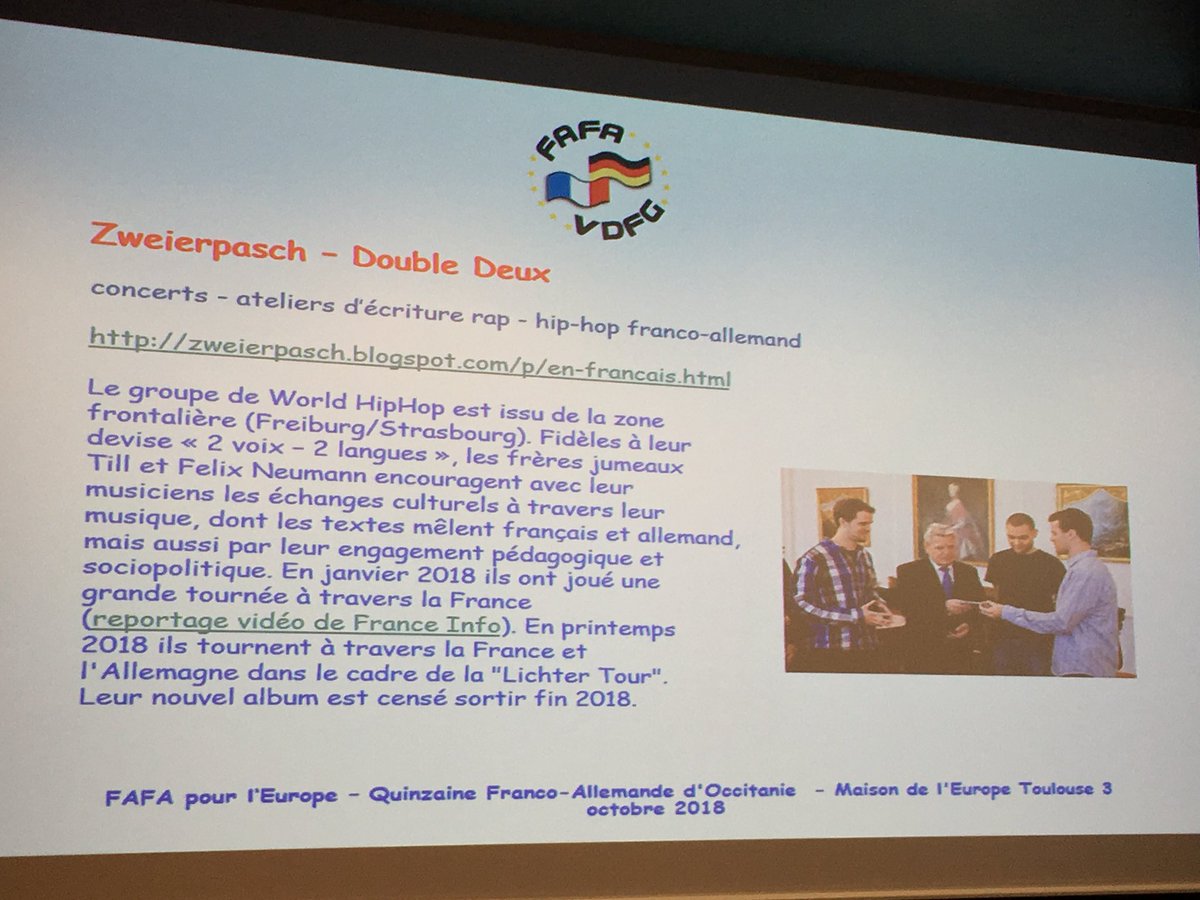 EuropeToulouse's tweet photo. Connaissez-vous #Zweierpasch #Double2, 2 #rappeurs qui font aussi des ateliers d’#écriture ? Voilà de quoi intéresser les jeunes !Vidéo : #Grenzgänger/#Frontalier https://t.co/H2x26E5je2 #QFAO2018 https://t.co/3rrRlwLZUn