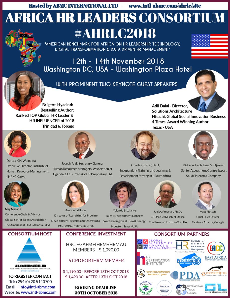 RwandaHR's tweet photo. Africa_HR_Leaders_Consortium_AHRLC2018_12th_14th_November_2018_Β Washington, D.C_USA - https://t.co/Csq2KXr3Uy @abmcint #ahrlc #abmcintl #ahrlc2018 https://t.co/BXBHX0mZIF