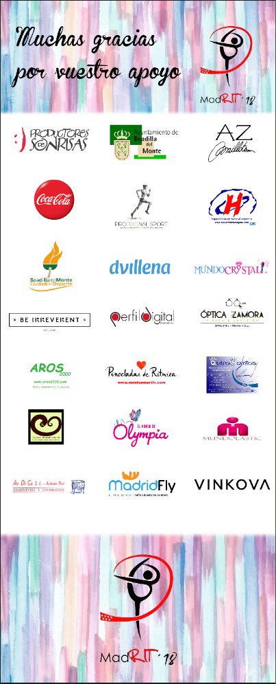 Patrocinadores de <a href="/MadRIT_18/">MadRIT</a>
¡MUCHAS GRACIAS! #Gimnasia #GimnasiaRitmica #Madrid