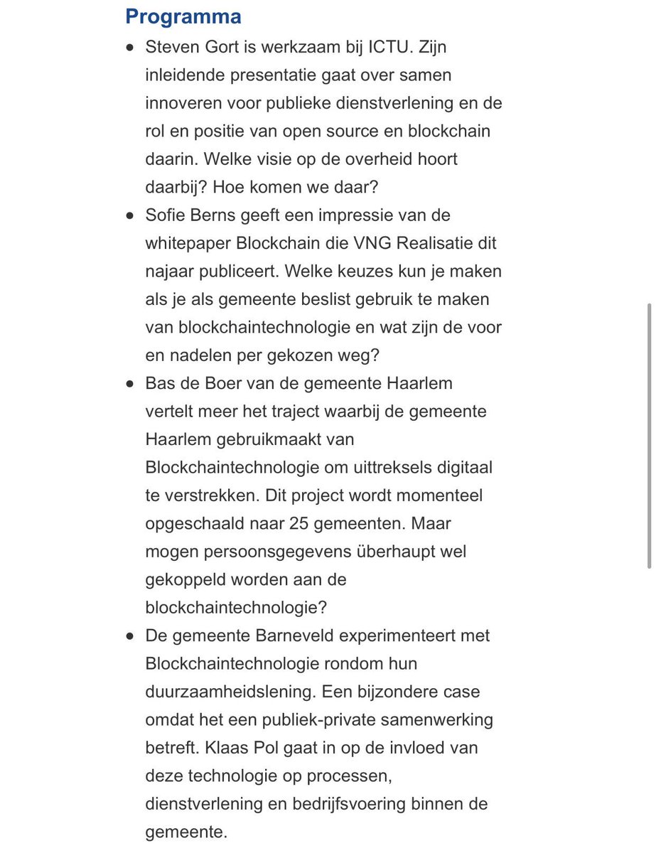 F_Alitou's tweet image. Meetup #Blockchain 11okt in Tivoli! Welke afwegingen maak je bij gebruik Blockchain en wat vraagt dat van je gemeente? Welke projecten lopen al (goed)? Kom kritisch luisteren en inspiratie opdoen met oa @datafluisteraar @klaaspol #whitepaper @VNGRealisatie goo.gl/oJXsmB