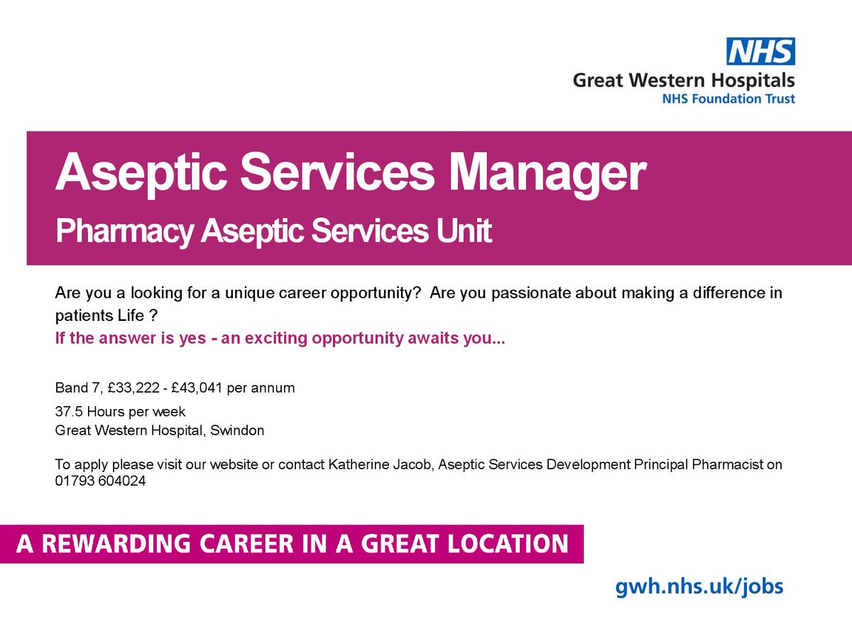 #Uniqueopportunity Do you have experience in a licensed/unlicensed aseptic unit and in depth knowledge of aseptic reconstitutions ? Are you looking to  make a difference to patients ? 
For further information or to apply: bit.ly/2NfWfTD 
#Pharmacy #Asepticservices