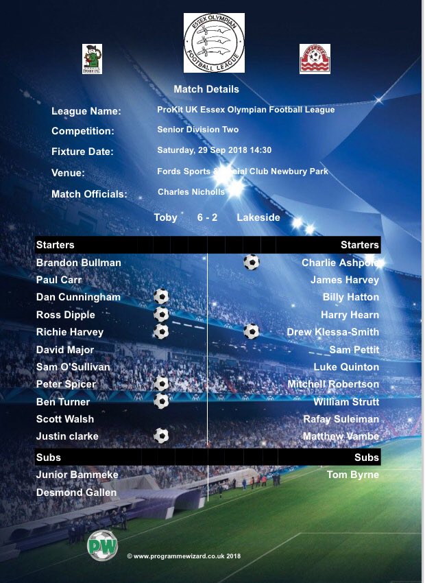 TobyFC_'s tweet image. @TobyFC_ 6 - 2 @FCLakeside_fc 

Match Details courtesy of @ProgrammeWizard programmewizard.co.uk