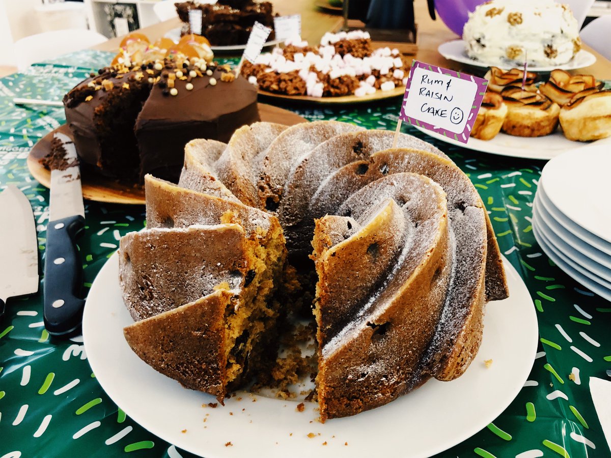 overturelondon's tweet photo. Our Bake-Off winner in support of Macmillan? Cathy Trow, of course. With this marvellous rum and raisin number (heavy on the rum, natch). https://t.co/4CBYZCM8PP