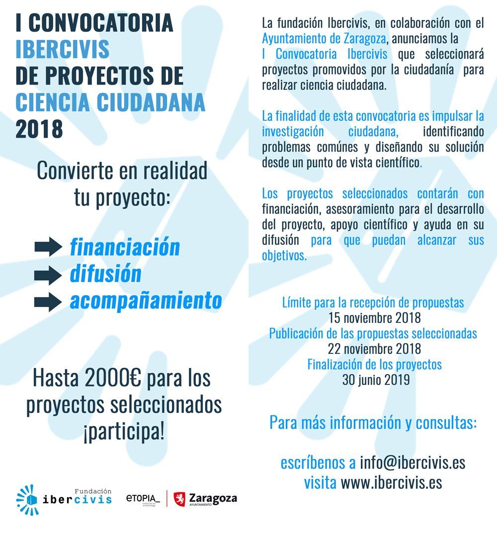 La I Convocatoria  <a href="/Ibercivis/">Fundación Ibercivis</a> de proyectos de #cienciaciudadana busca ideas impulsadas por la ciudadanía. Recibe acompañamiento, difusión y financiación hasta 2.000€ para desarollar tu propuesta buff.ly/2OjUIAB