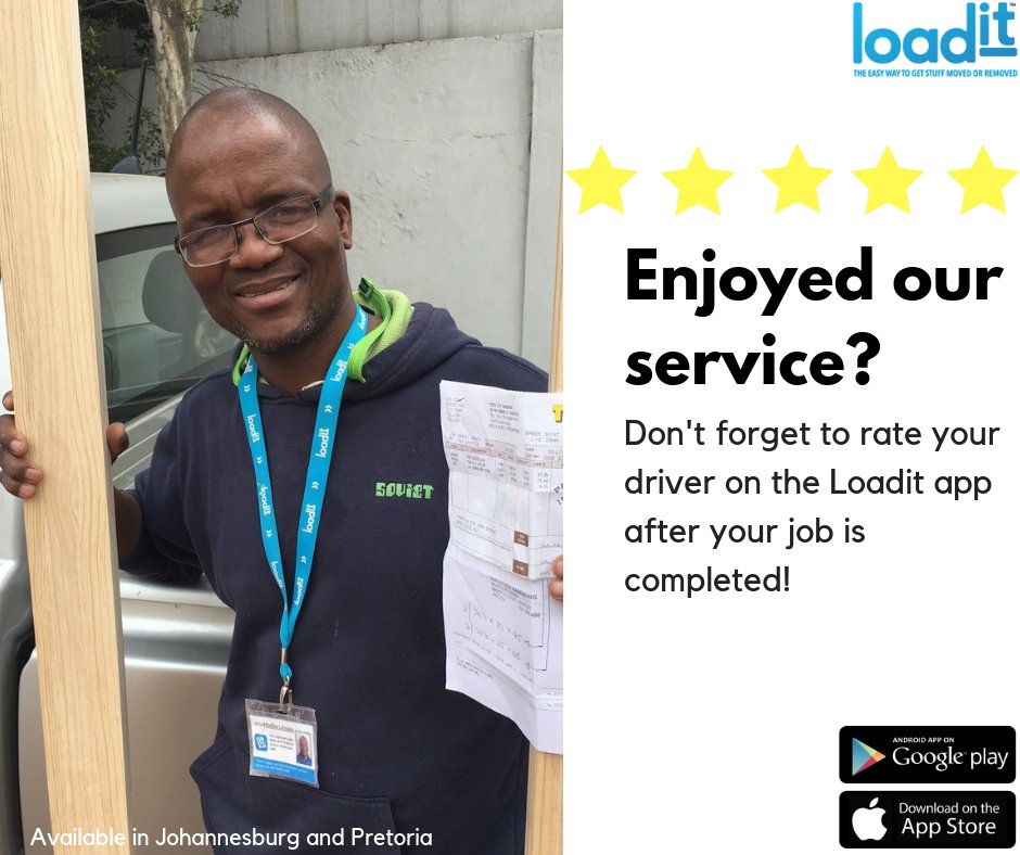 Just_loadit's tweet photo. We would love to hear from you! In order to provide a quality service, your feedback is highly appreciated #Loadit #Joburg #Pretoria #DriverRating #quality https://t.co/R9t3Te2MuI