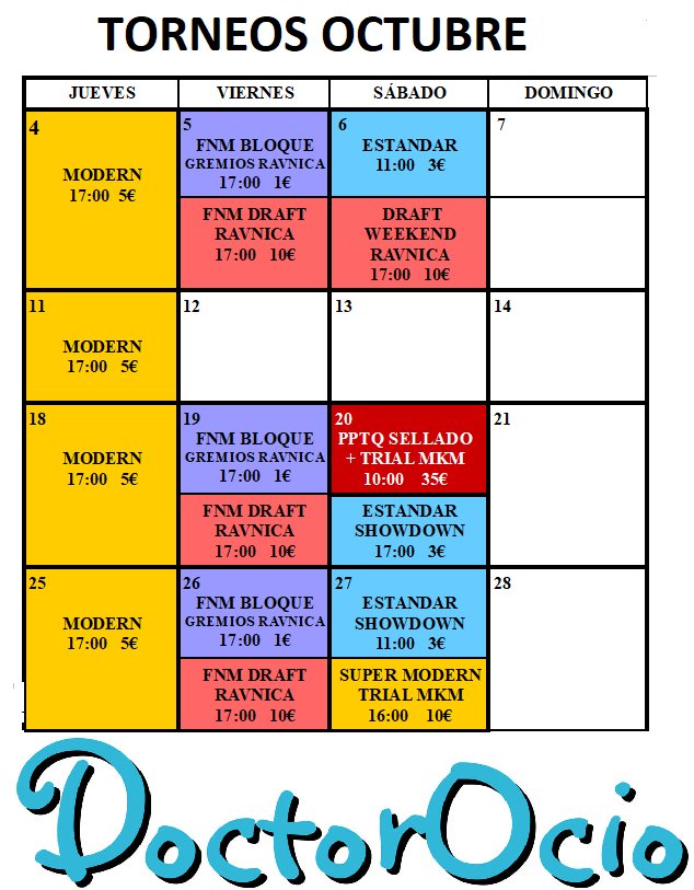 DocOcio's tweet photo. #FelizMiércoles
Arranca Octubre con mucha fuerza y con él los eventos relacionados con #MagicTheGathering😍
Fechas a destacar:
- Todos los jueves: #juemodern
- Todos los viernes: #FNM Bloque y Standard
- Sábado 20: PPTQ Sellado + Trial MKM
- Sábado 27: Super Modern https://t.co/F7DptU7kFo