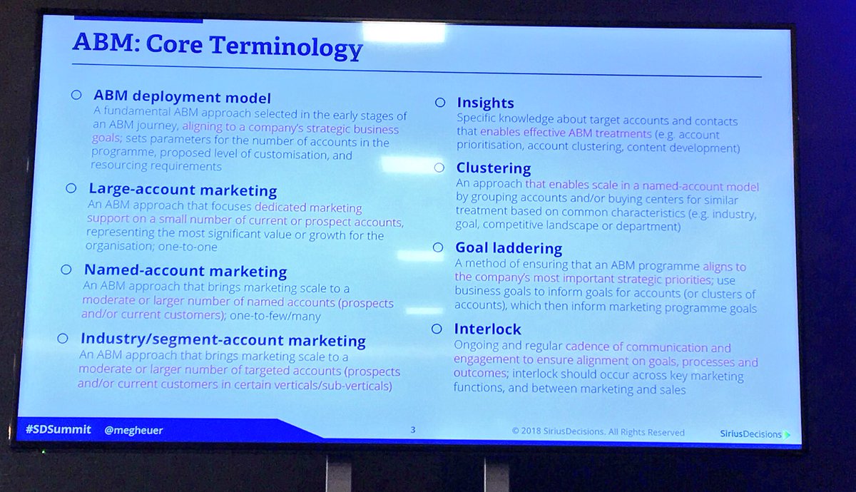 Kicking off the first #AccountBasedMarketing sesh with <a href="/megheuer/">Megan Heuer</a> #SDSummit. Helpful breakdown of core terminology