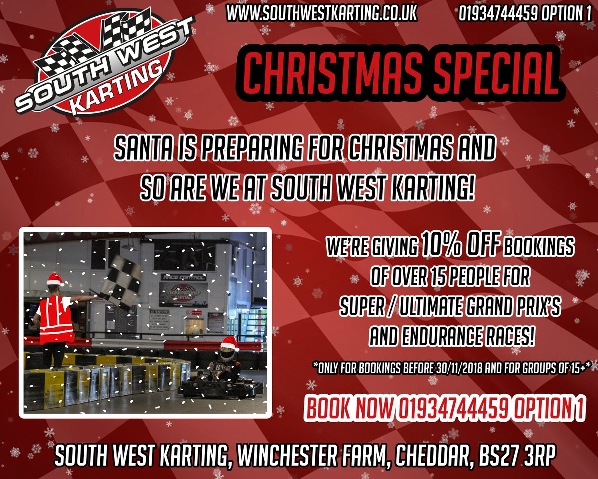 🎅It's almost that time of the year again!🎅

If you're looking to book in a group of 15 people then we have good news for you! We are giving 10% off Super/Ultimate grand prix's AND Endurance races, if you book before 30/11/2018.

BOOK NOW 01934744459 OPTION 1!!