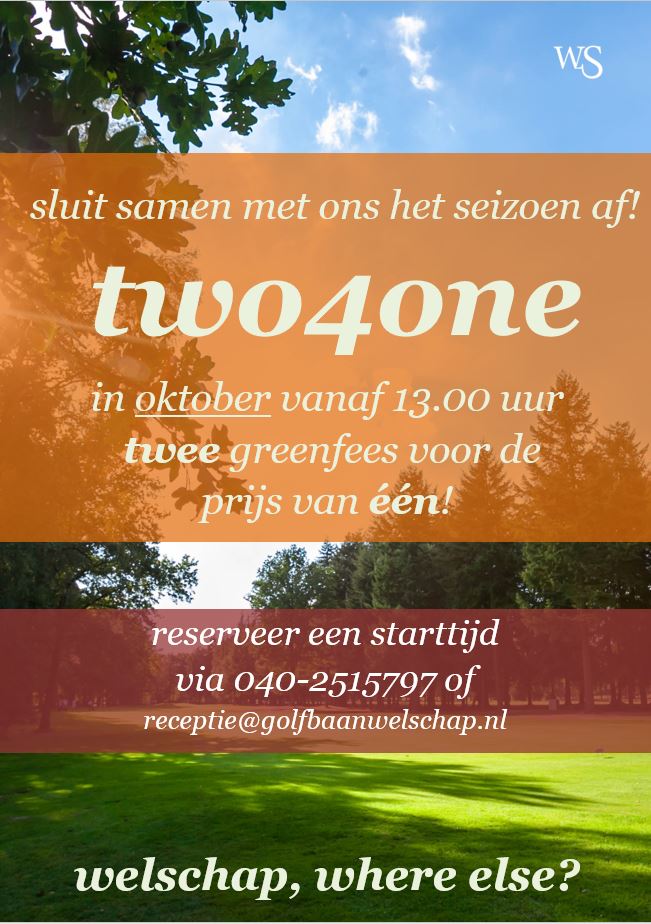 Sluit gezellig samen met ons het seizoen af! Voor oktober geldt voor een  starttijd vanaf 13.00 uur twee greenfees voor de prijs van één. Tot  snel!