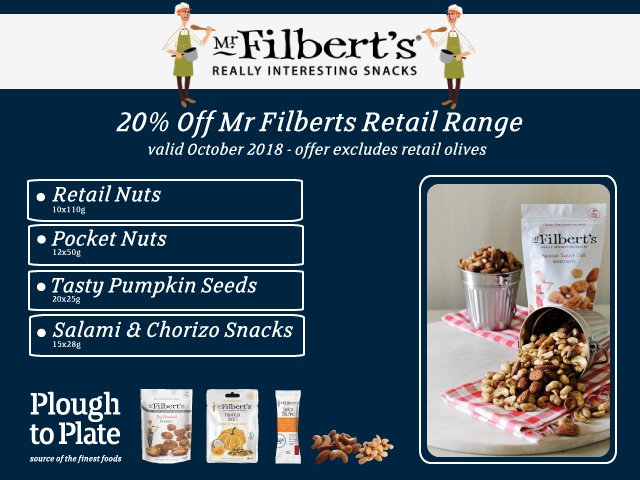20% off Mr Filberts Retail Range - October Promotions - Contact the sales team today for more details #passionforfood 01326 372 304